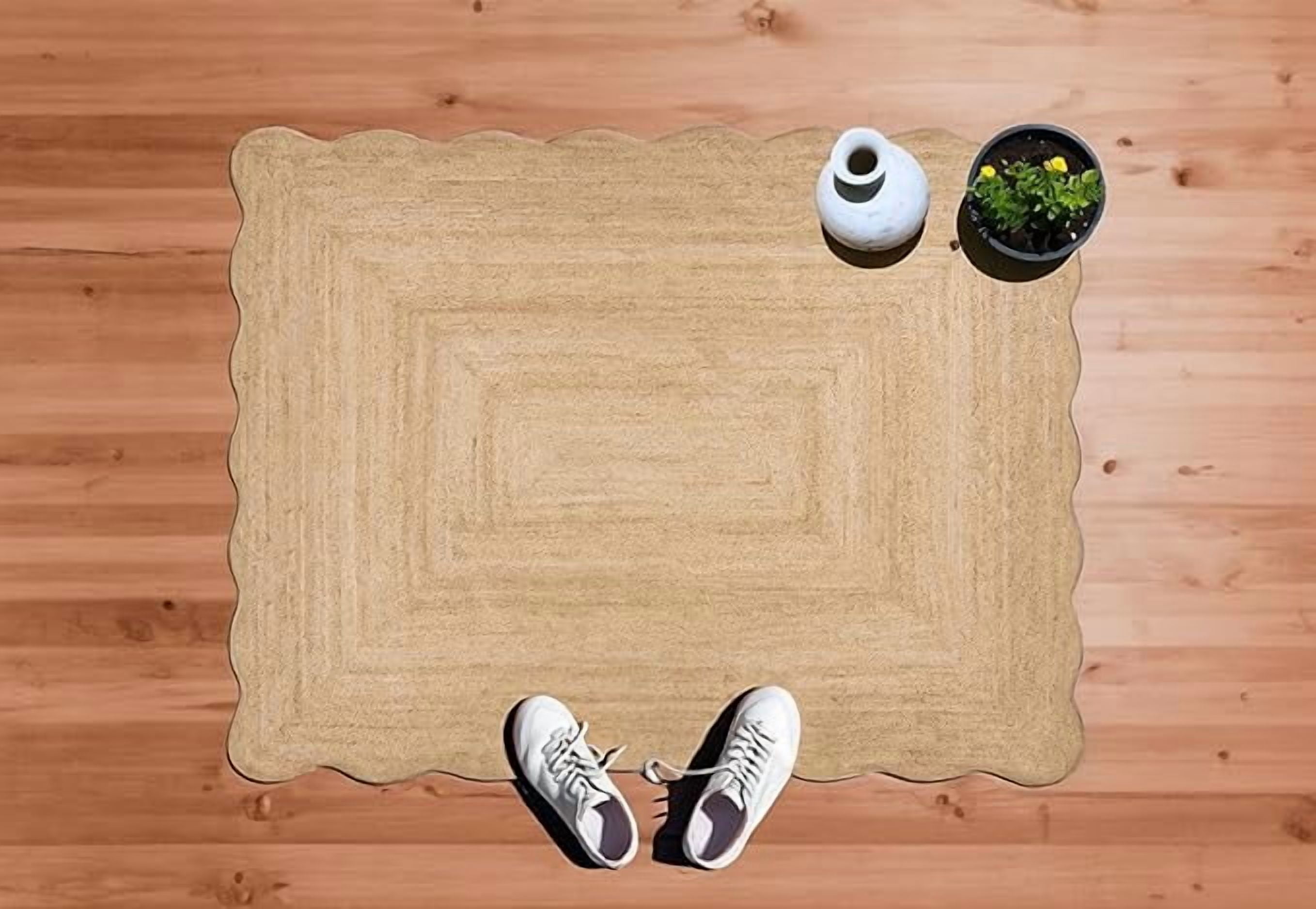 2x6 Ft Natural Jute Premium Scalloped Jute Rug – Handcrafted Natural Braided Carpet for Living Room, Bedroom, Entryway – Boho Home Decor