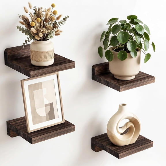 OKYWHOP High‑Quality Small Floating Shelves for Wall, Dark Carbonized Wood Wall Decor Shelf, Set of 4, 5 Inch