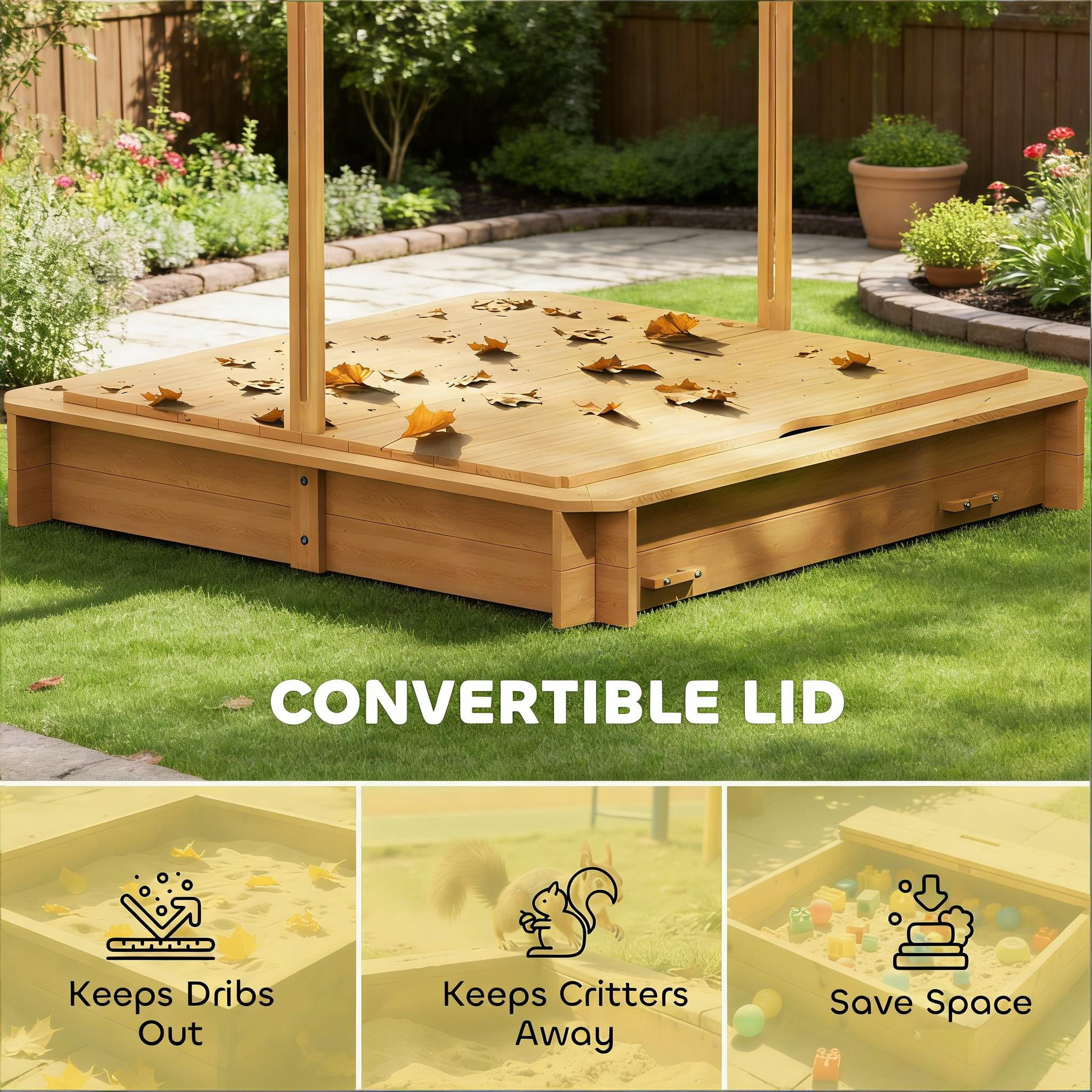 Kids Wooden Sandbox with Adjustable Canopy & Convertible Lid, Detachable Backrest Benches, Non-Woven Bottom Liner, Light Brown Fir Wood Outdoor Sand Pit, Ages 3-7