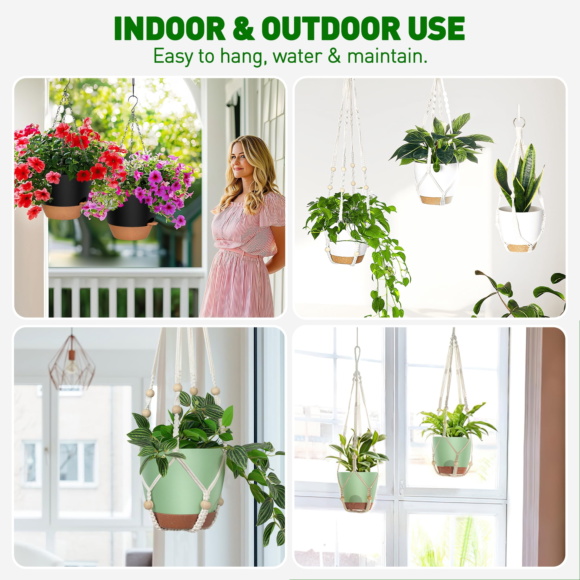 3-Pack Self Watering Hanging Plant Pots with Macrame Hangers, Plastic Planters with Drainage Holes and Saucers, Indoor Outdoor Flower Pots, Includes 3 Ceiling Hooks, 7"/6"/5.5" (Multicolor)