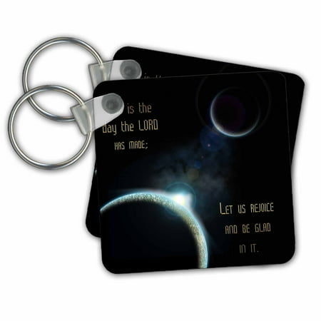 3dRose A sun announcing a new dawn over a solar system with the bible verse psalm 118 verse 24 - Key Chains, 2.25 by 2.25-inch, set of 2