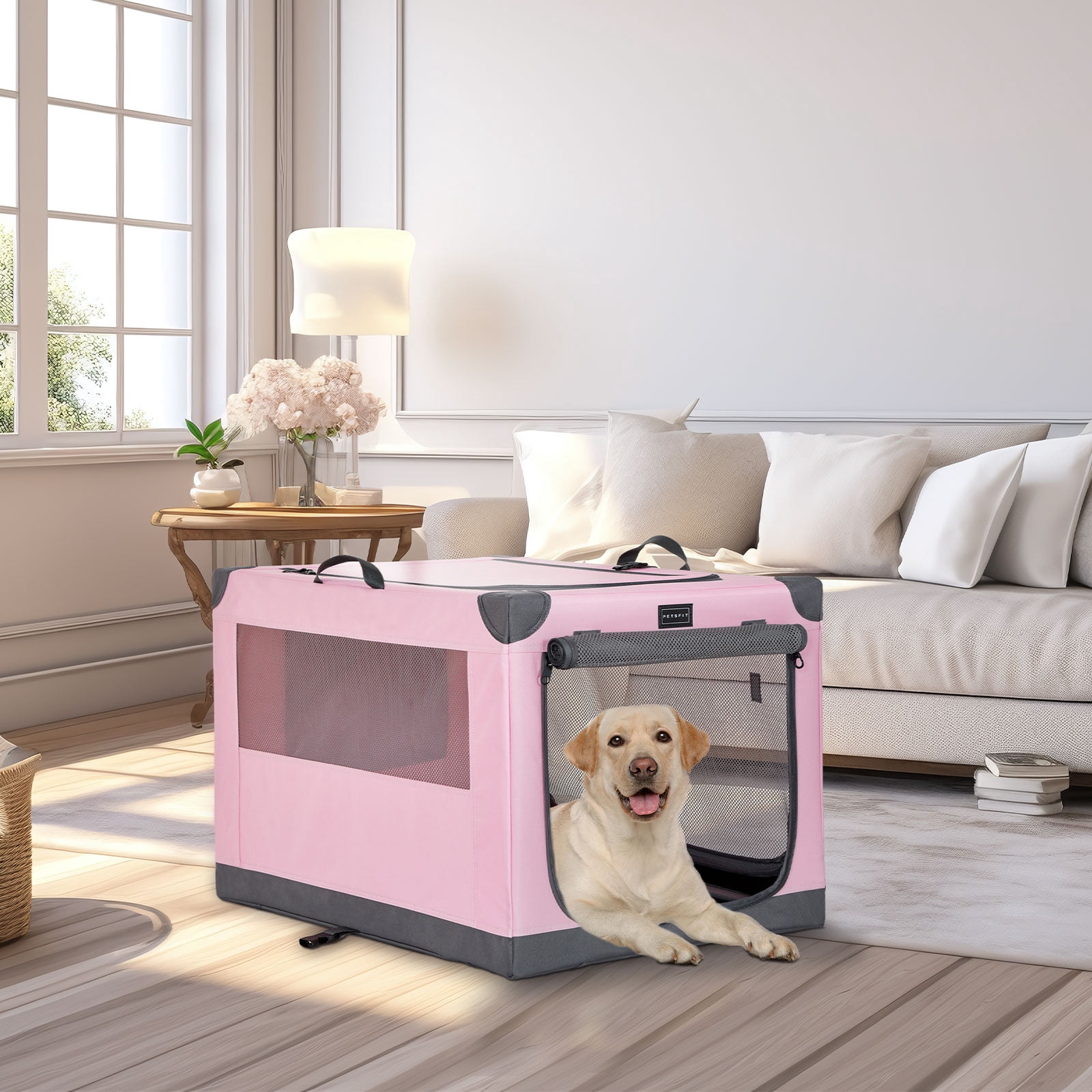 Petsfit 36inch Soft Dog Crate, Adjustable Fabric Cover by Spiral Iron Pipe, Chew Proof Strengthen Sewing Collapsible Dog Crate 3 Door Design,Pink