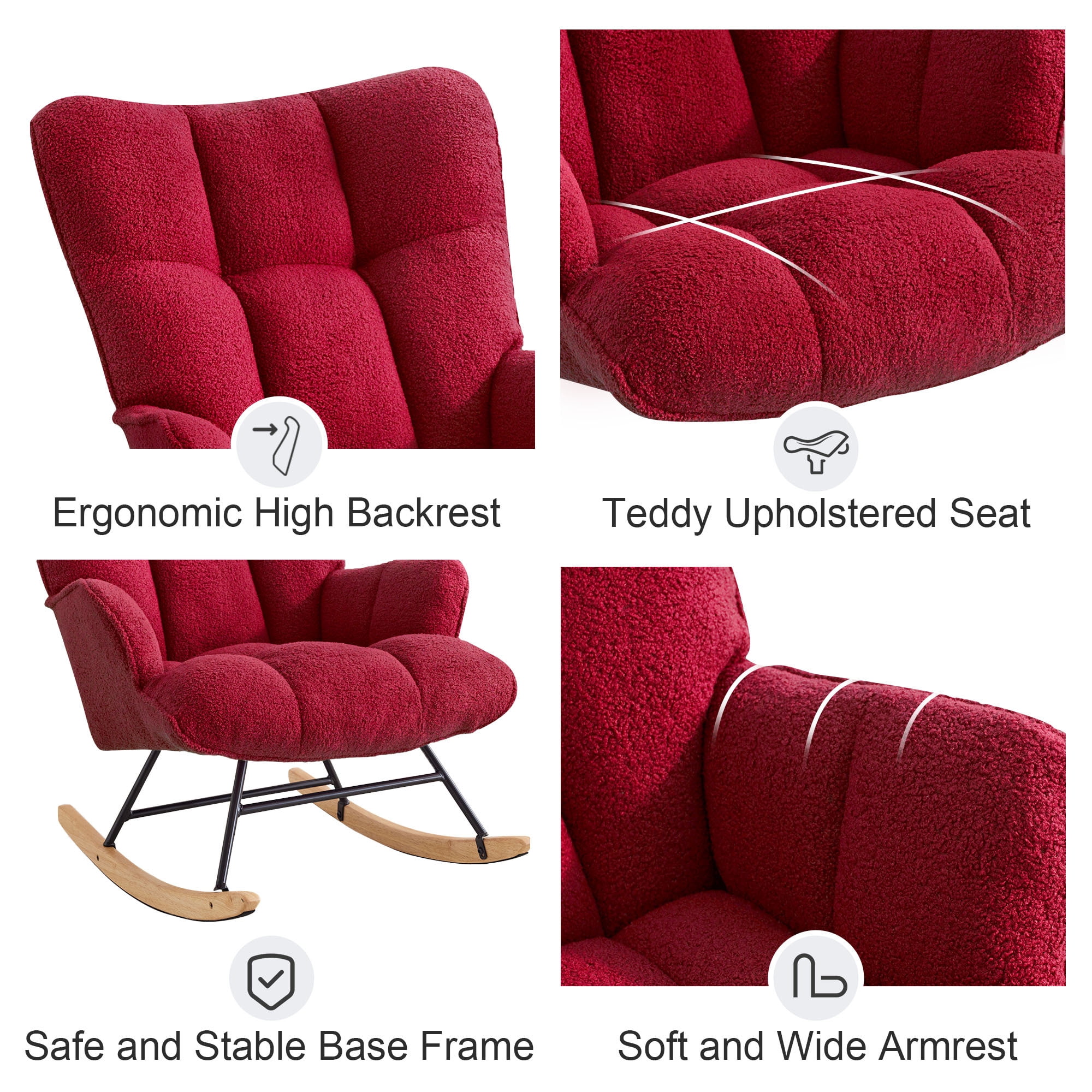 SAETSFEG Rocking Chair Nursery Teddy Upholstered Glider Rocker Rocking Accent Chair Padded Seat with High Backrest Armchair Comfy Side Chair for Living Room, Bedroom, Burgundy
