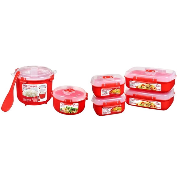 Sistema Microwave Rice Cooker and Steamer Bowl for Vegetables with Steam Release Vent, Dishwasher Safe, Red & Microwave Food Storage Containers with