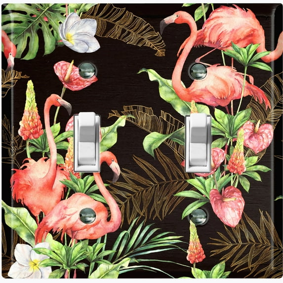 Metal Light Switch Plate Outlet Cover Tropical Pink Flamingo Flower Leaves Black FGO005