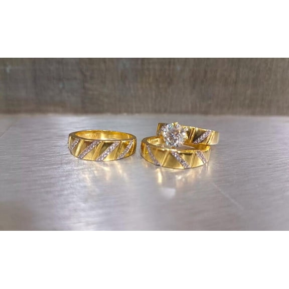 Diastar Jewels 14K Yellow Gold Finish Silver Round Cut CZ His & Her Wedding Wear Trio Ring Set