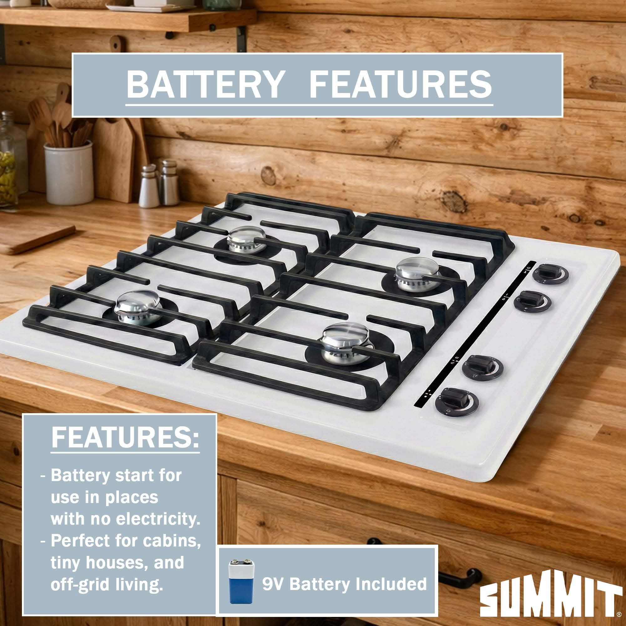 Summit 24 Inch Gas Cooktop, 4 Burners, Electric Ignition, 115V-3 Gas Cooktop, Made in the USA, White- WNL033I