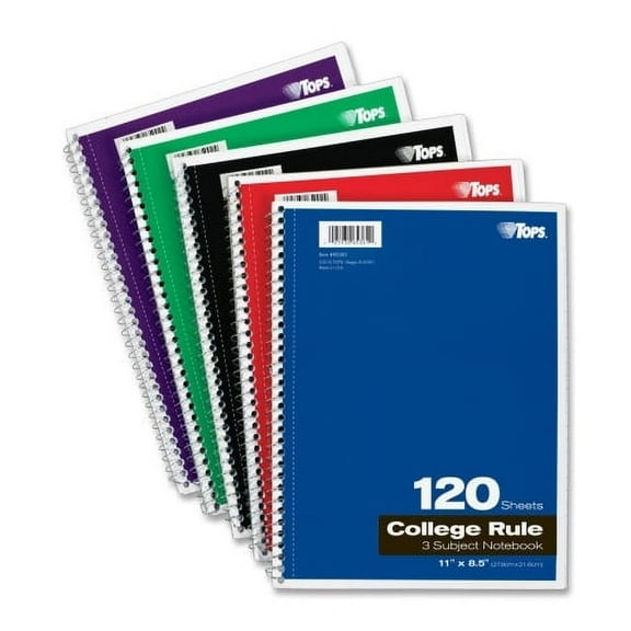 TOPS 3 - subject College Ruled Notebook - Letter 120 Sheets - Wire Bound - 8 1/2" x 11" - 0.3" x 8.5"11" - Assorted Paper - Black, Red, Blue, Green, Purple Cover - Divider, Perforated - 1Each