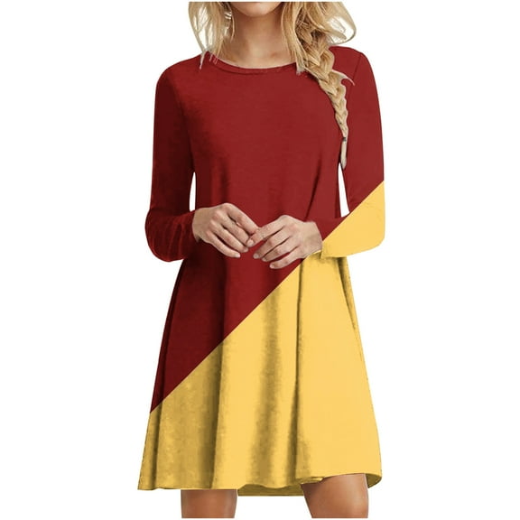 KIHOUT Midi Dresses for Women Fashion Juniors Casual Long Sleeve Round Neck Printed Knee Length Dress