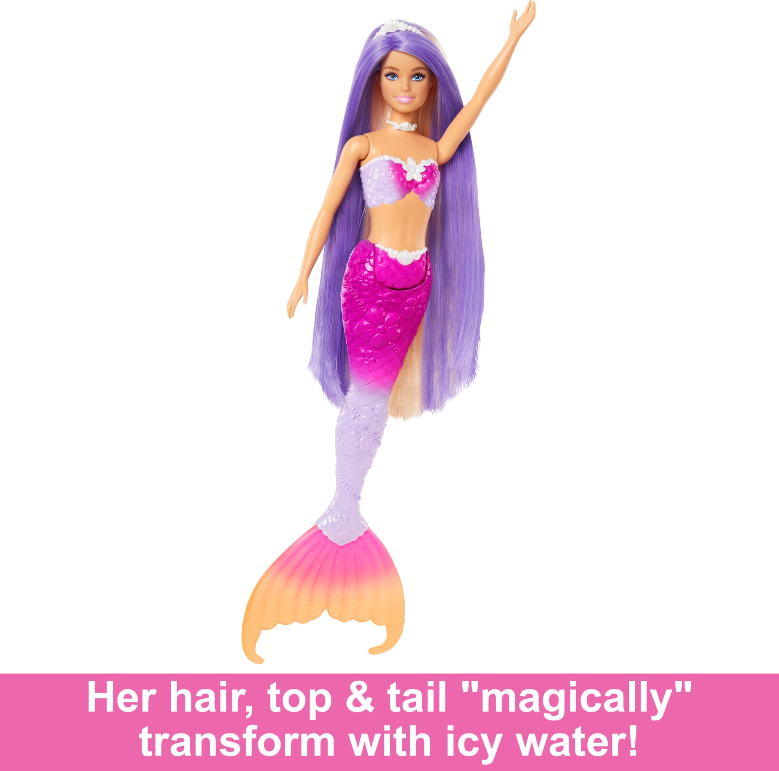 Barbie Mermaid Doll, Malibu with Pink Hair, Styling Accessories, Pet Dolphin and Water-Activated Color Change Feature Multicolor