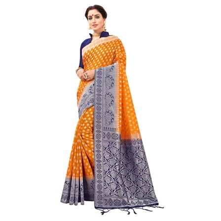 Sarees for Women Banarasi Art Silk Silver Zari Saree l Indian Ethnic Wedding Diwali Gift Sari with Unstitched Blouse