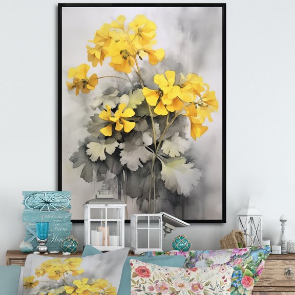Designart "Geraniums Bouquet In Yellow And Grey I" Geraniums Floater Framed Canvas Wall Art