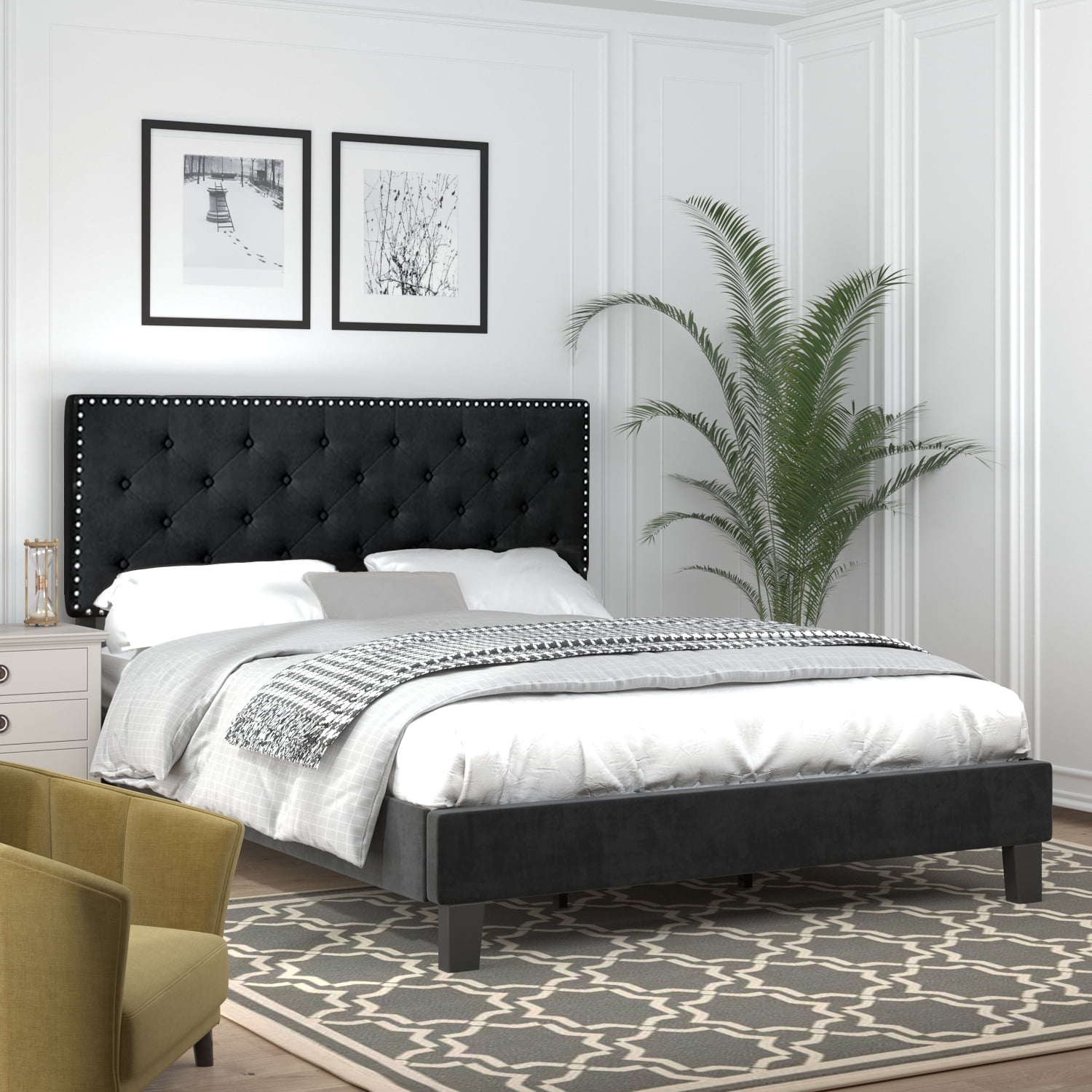 online factory wholesaler Queen Queen Bed Upholstered with Black Velvet