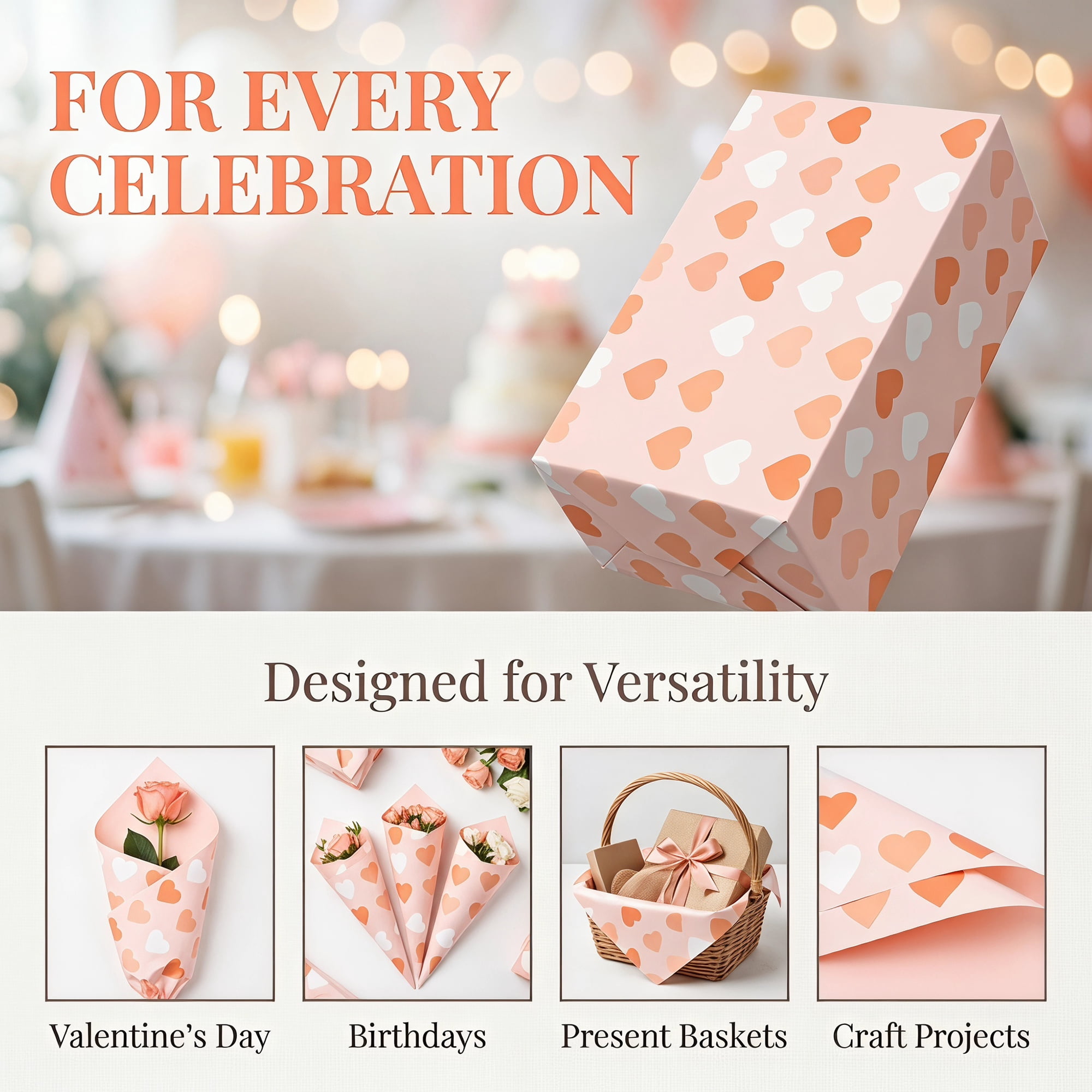 Unique Bargains Waterproof Heart Luxury Matte Gift Wrapping Paper Light Pink 22.4"x22.4"