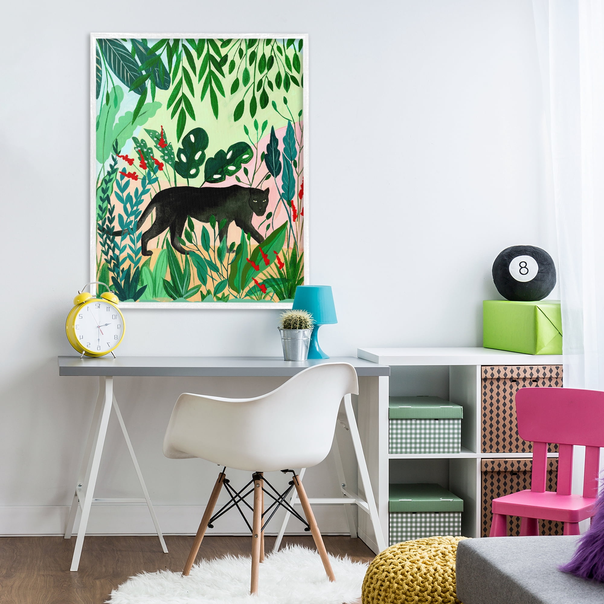 Stoic Panther Tropical Forest White Framed Giclee Art, design by Nabeela Rumi