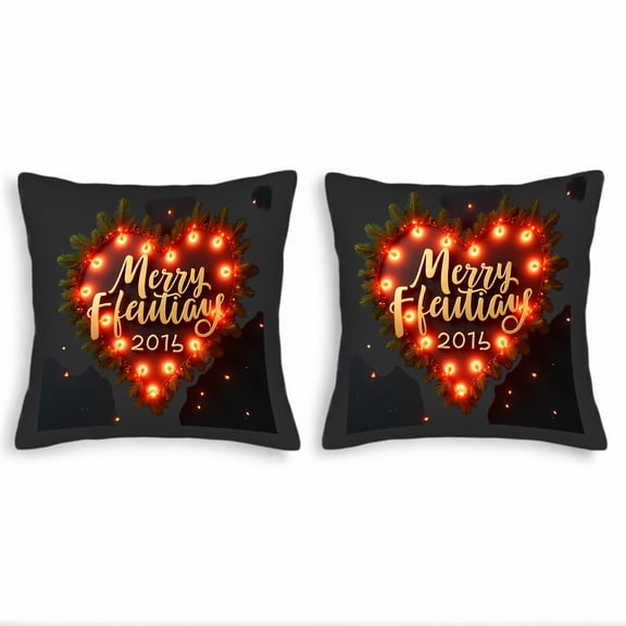 Set of 2 Decorative Throw Pillow Covers 18x18in - Festive Heart - Shaped Christmas Lights Design with Pine Branches for Couch Bed Car