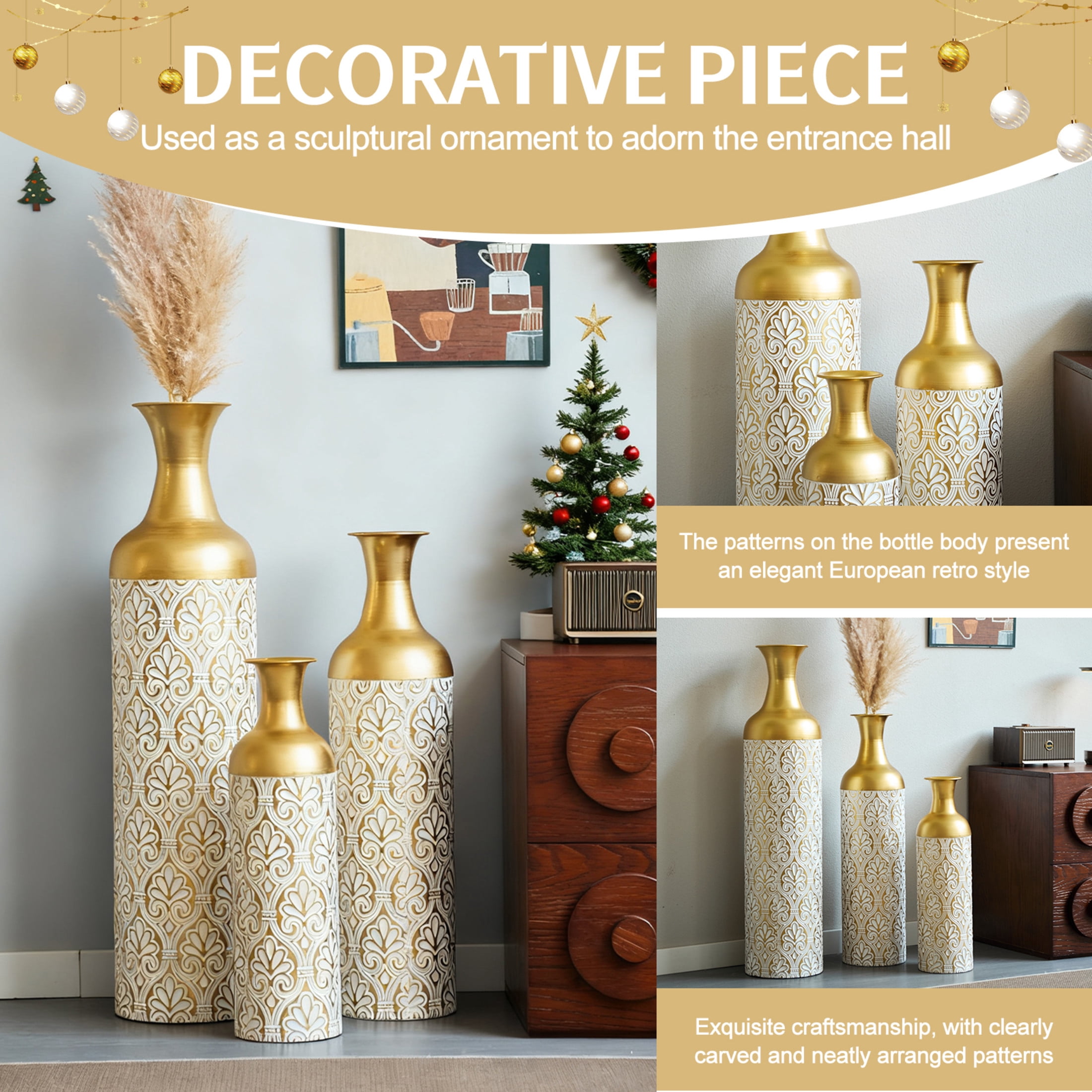 Noble House 3-Piece Metal Vase Set, Tall Embossed Decorative Cylinder Vases, Gold + White