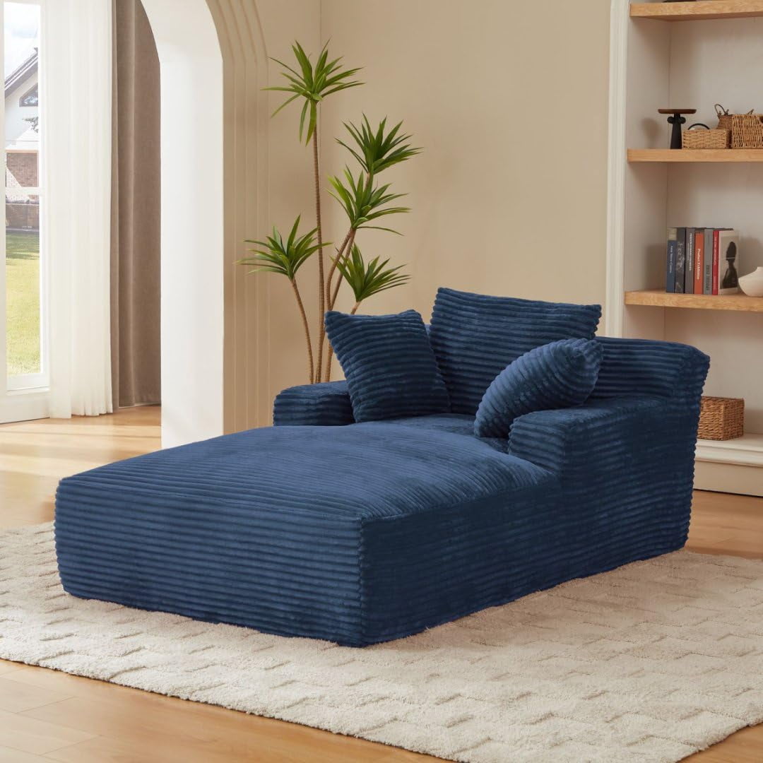 AENKYO 80" Oversized Corduroy Chaise Lounge, Fully Assembled, No Assembly Required, Blue