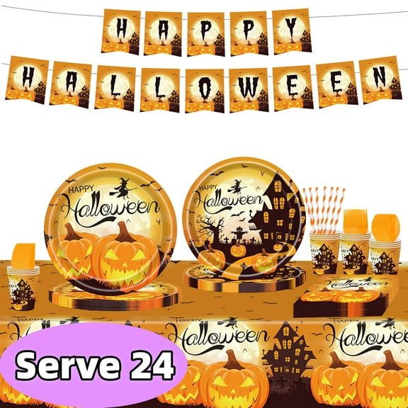 Halloween Paper Plates for Halloween Party Decoration Disposable Napkins Banner for Halloween Party Supplies Serve 24
