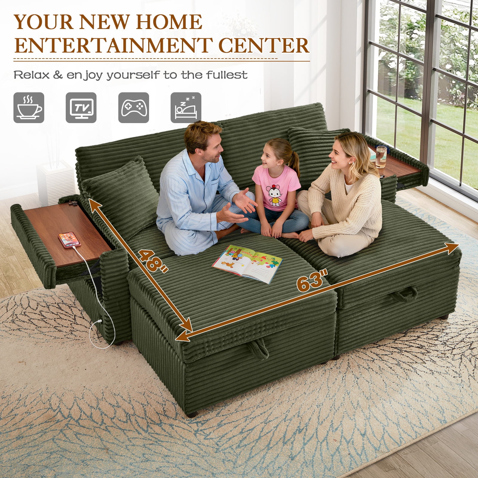 Muumblus Loveseat Sectional Sofa with 2 Storage Ottomans, Modular Cloud Couch with 2 Side Tables & USB, Plush Double Chaise Lounge Sofa Bed Indoor, Green Corduroy