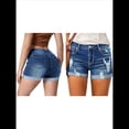 thumbnail image 2 of Shorts Vaqueros Desgastados de Tiro Medio-Alto para Mujer, con Bolsillos y Dobladillo Doblado, Informales, de Verano Azul Oscuro M, 2 of 5
