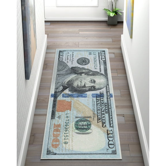 Well Woven Money Dollar Front Novelty Novelty Green Blue 3' x 7'3" Runner Rug