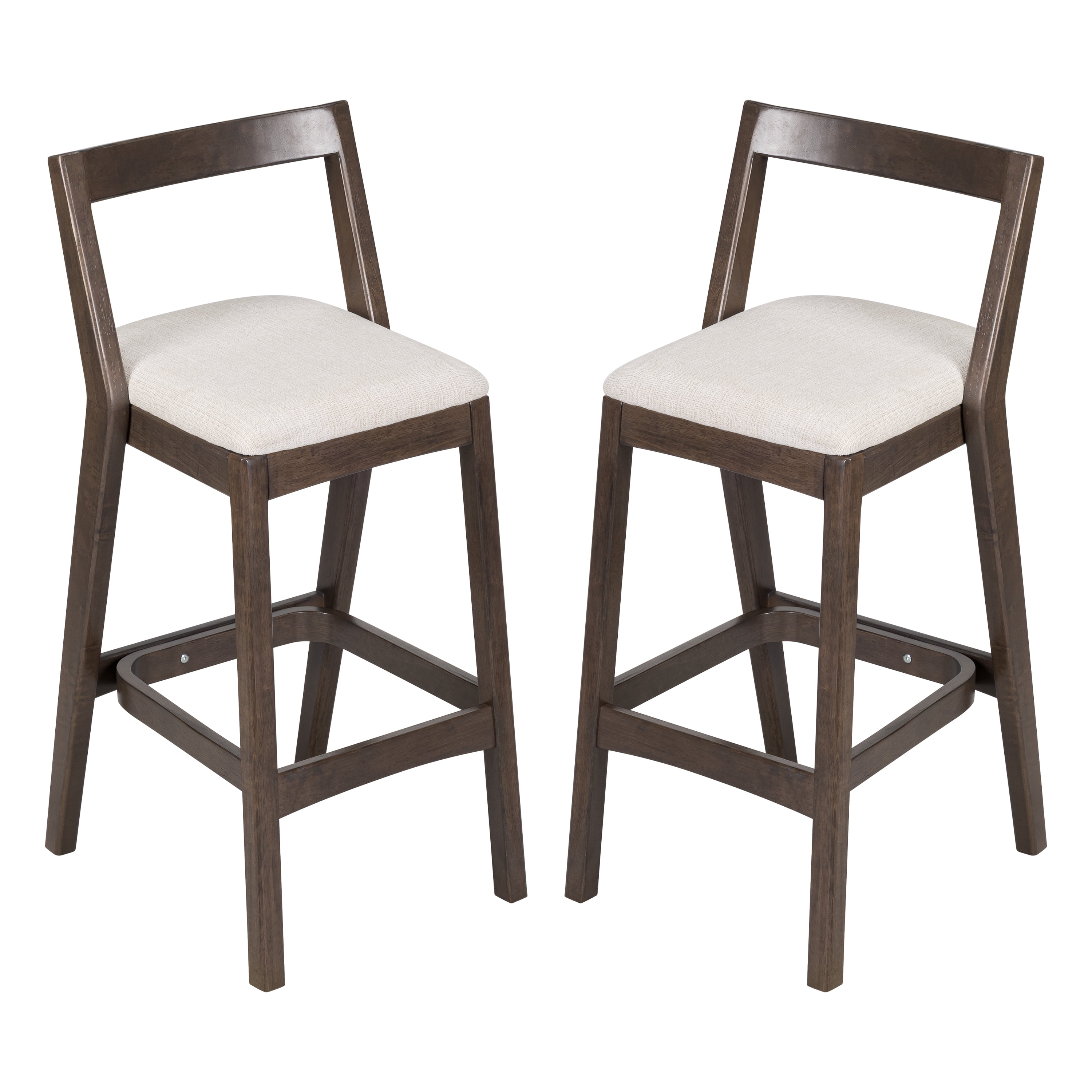 Counter Height Bar Stools, Rubberwood Stools with Beige Polyester Fabric Seat and Dark Brown Finish, Farmhouse Dining Stools for Kitchen, Breakfast Nook, Cafe, Set of 2