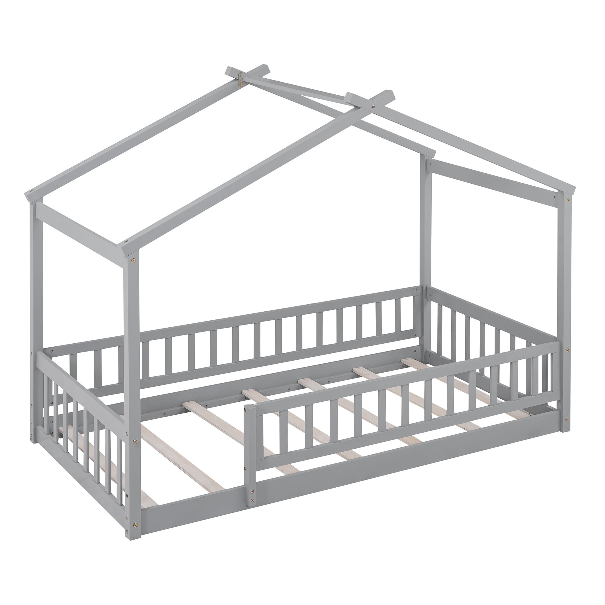 Harper & Bright Designs Twin Size Wood Floor Bed Frame, Twin House-Shaped Bed Daybed with Fence for Girls Boys, Gray