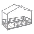 thumbnail image 5 of Twin Size Floor Bed with Fence Railings,Wooden Montessori House Bed Frame with Roof Design and Fence Guardrails,Playhouse Bed Low Bed Frame for Girls Boys Bedroom,Easy Assemble,Gray, 5 of 7