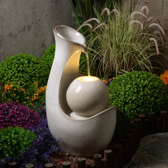 Hi-Line Gift Ceramic Fountain with Lights, Ivory Elegance, Outdoor Use