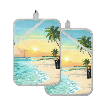 

Pot Holders Set of 2 Heat Resistant 338℉ Kitchen Oven Gloves Potholder Cooking Baking Microwave Mitts Beach with Palm Trees