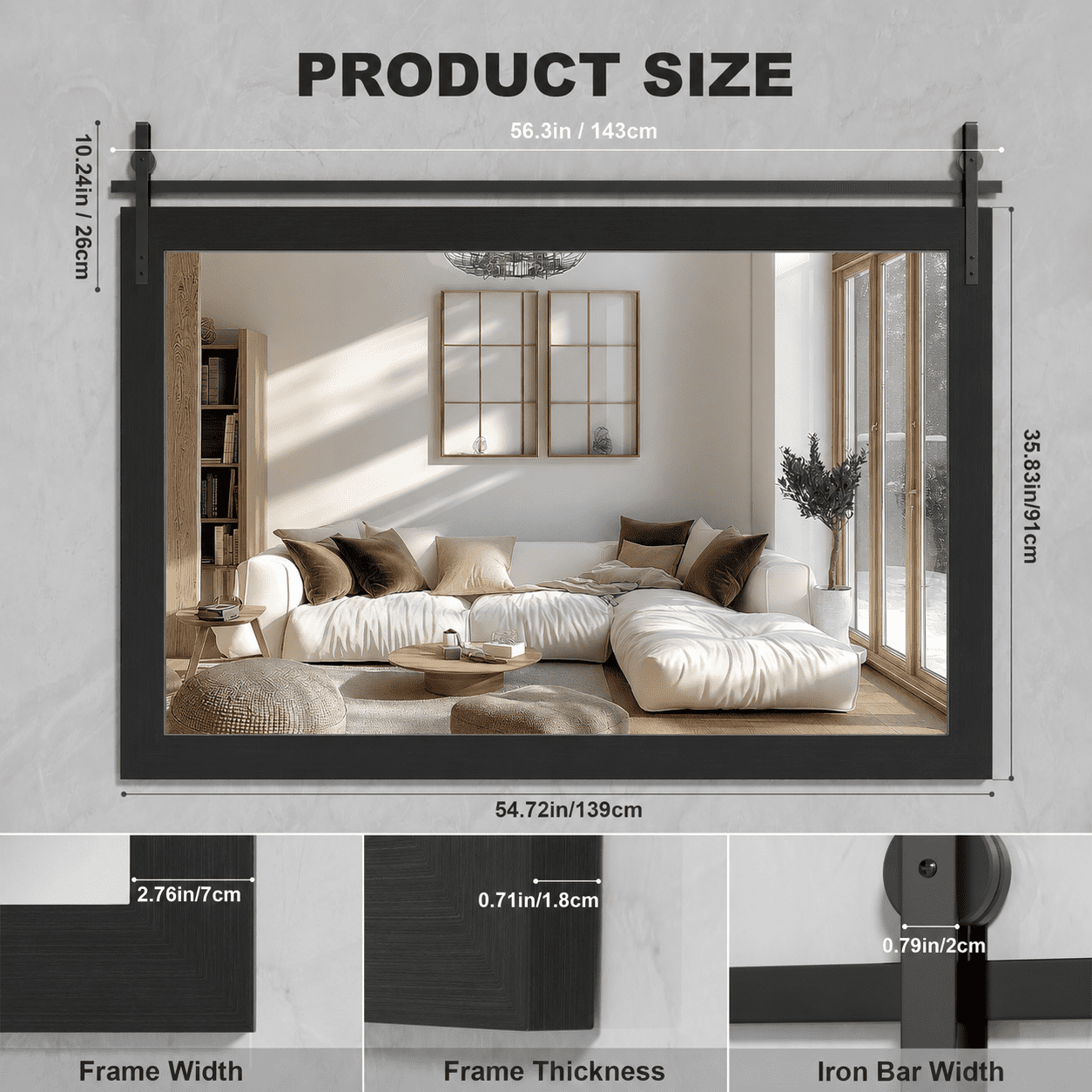55x36-Inch Farmhouse Bathroom Mirror with Faux Wood Grain Frame, Rustic Wall Mounted Vanity Mirror and Decorative Mirror for Bathroom, Black