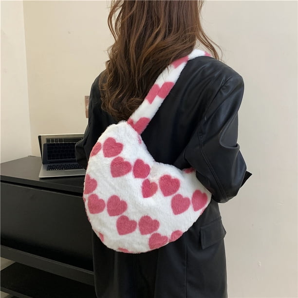 Bolsa De Tela Esponjosa Bolso de mano de felpa esponjoso moderno en forma de corazón lindo con patrón de corazón (rosa)