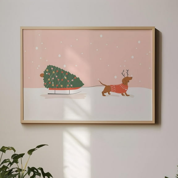 Zuno Dachshund Christmas Wall Art Cute Christmas Printable Art, Pink Horizontal Christmas Art Gift For Dog Lover Retro Holiday Decor- Wall Art Print, 8x12 UNFRAMED
