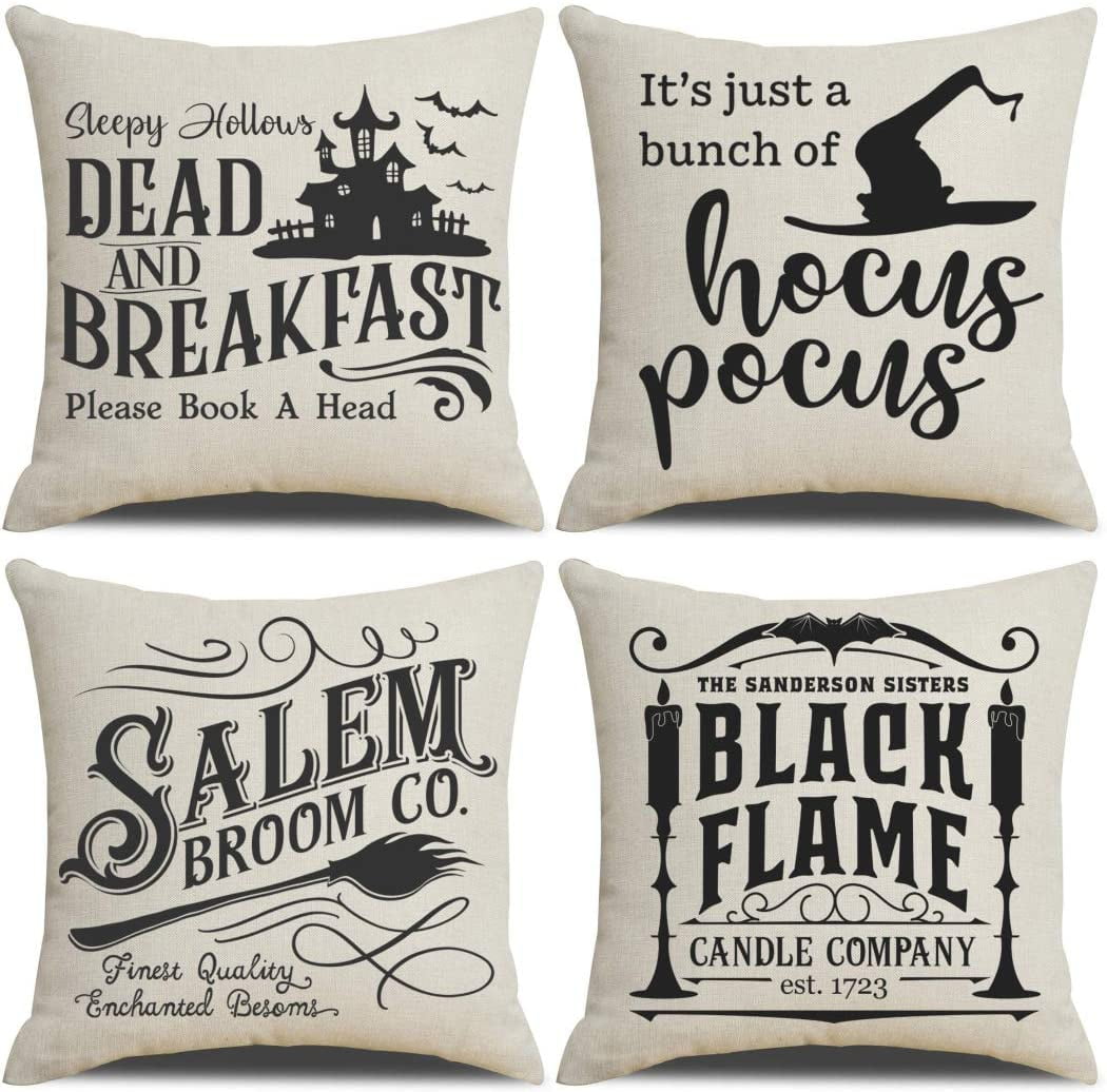 Spooky Happy Halloween Witch Pillow Covers Set of 4 Halloween Grey Color Decorations Quotes Cotton Linen Home Square Shape Pillow Covers 18 x 18 inches for Rustic Modern Farmhouse