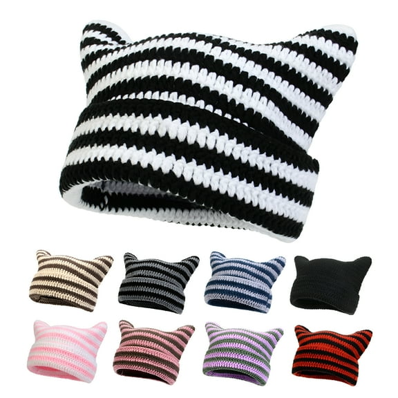 TELOLY Crochet Hats for Women Handmade Knit Cat Ear Beanie Hat Winter Fox Hat Slouchy Vintage Goth Grunge Beanies