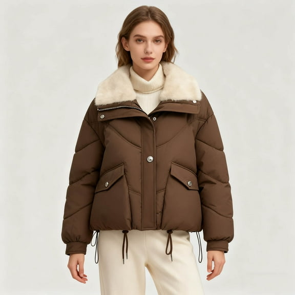 Mifsaly Cropped Quilted Jackets for Women Faux Fur Lapel Lightweight Warm Quilted Coats Long Sleeve Drawstring Hem Windproof Thermal Winter Outerwear with Pockets