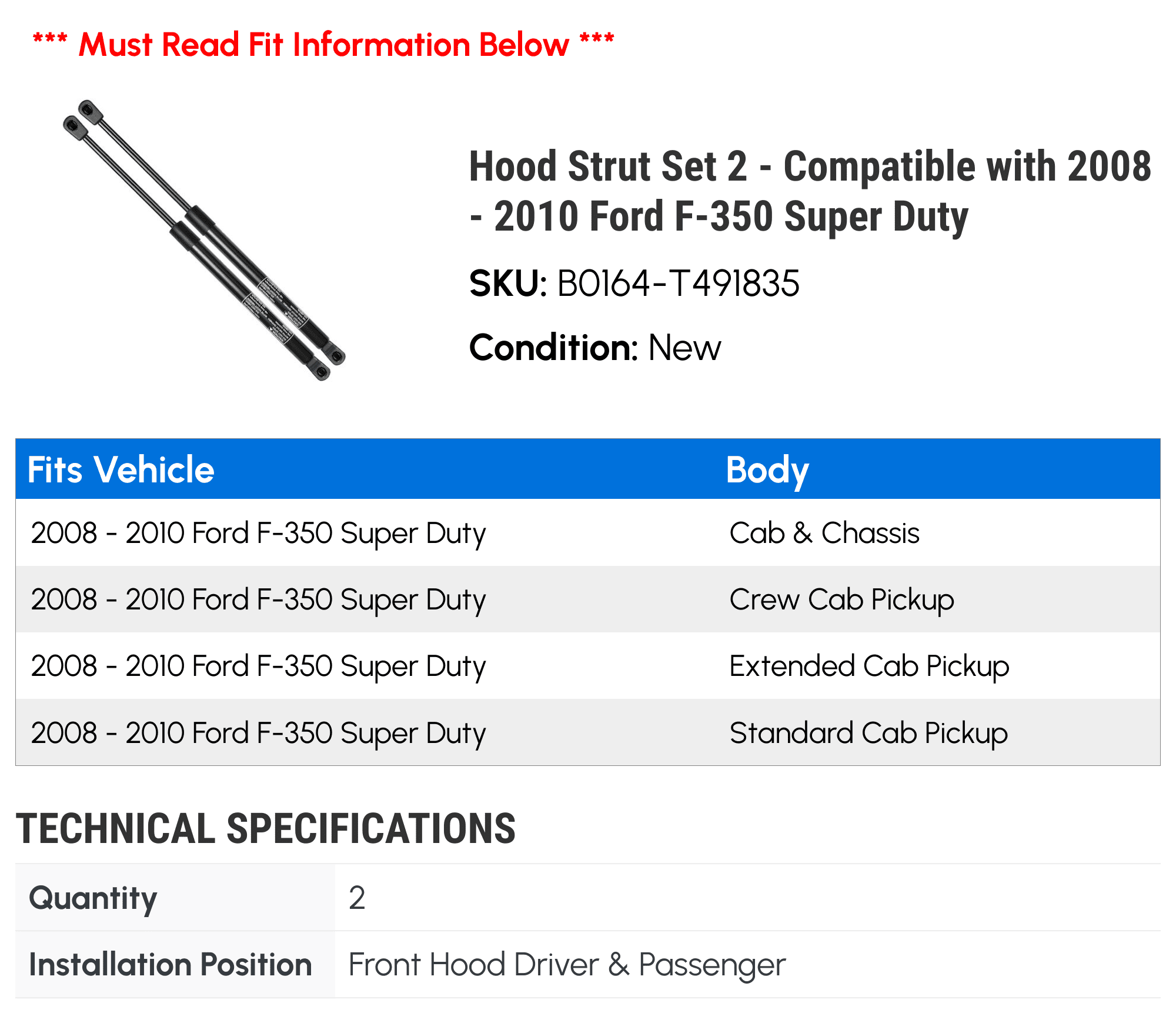 Hood Strut Set 2 - Compatible with 2008 - 2010 Ford F-350 Super Duty - Autopart Premium