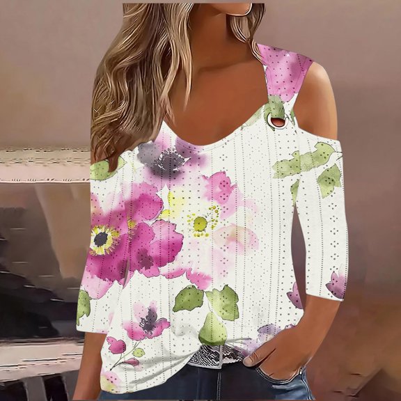 Jsaierl Women's 3/4 Length Sleeve Cold Shoulder Tops Casual V Neck Shirts Cute Graphic Petite Hollow Out Blouses Flowy Cotton Tunic Top S-5XL