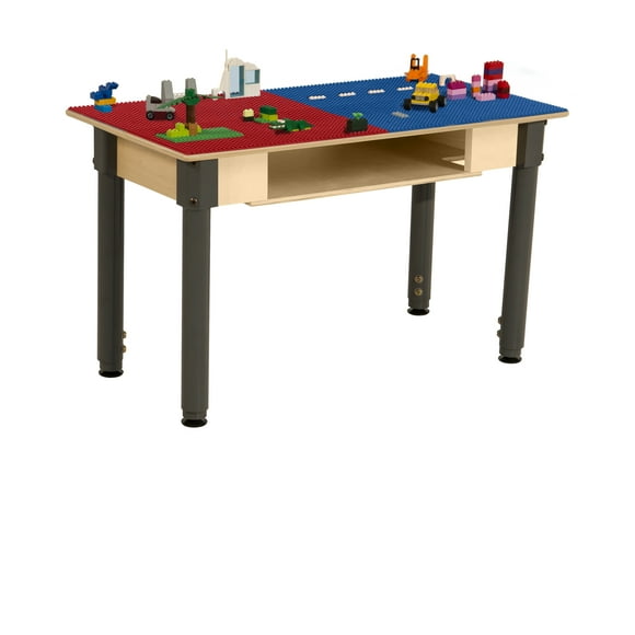Time-2-Play Kids Birch Plywood Rectangular Lego Compatible Play Table, 30.75"x 15.5" with 18-29 Adjustable Legs, Montessori Building Blocks Desk with Built-in Storage [Red and Blue]