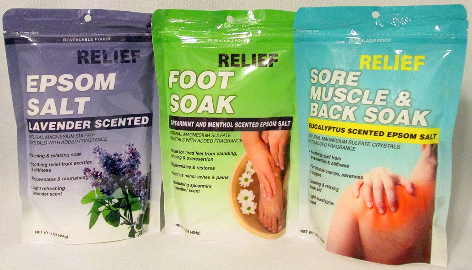 Epsom Salt Soak Muscle Relief Bundle, Eucalyptus, Lavender, Spearmint