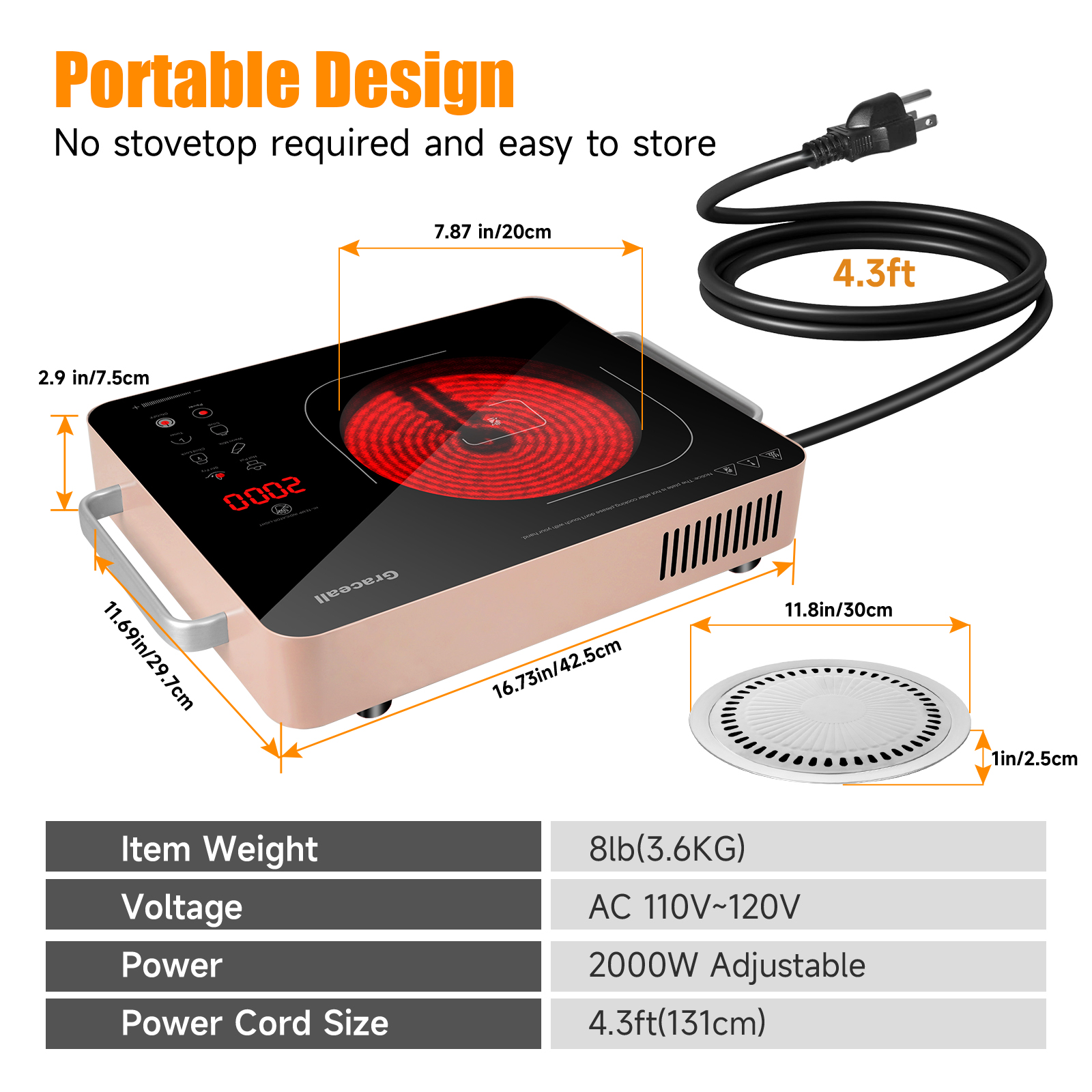 GRACEALL 2000W Single Burner Cooktop Portable Electric Stove, Infrared Hot Plate for Cooking, 120V Kitchen Cooker, Knob Control Glass Cook Top with BBQ Grill