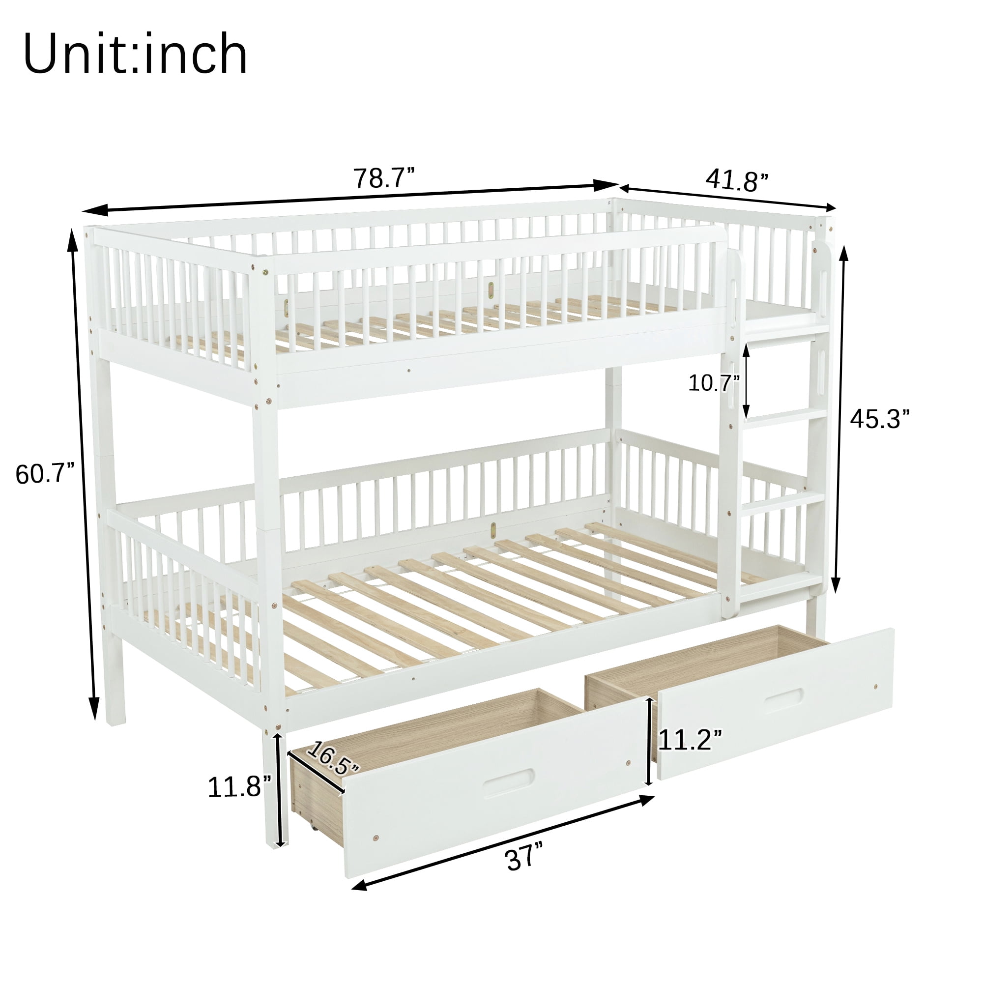 HOQBN Twin Over Twin Pine Wood Bunk Bed with 2 Drawers, Convertible into 2 Twin Beds, Twin Over Twin Bunk Bed Frame with Ladder and Safety Guardrails,White