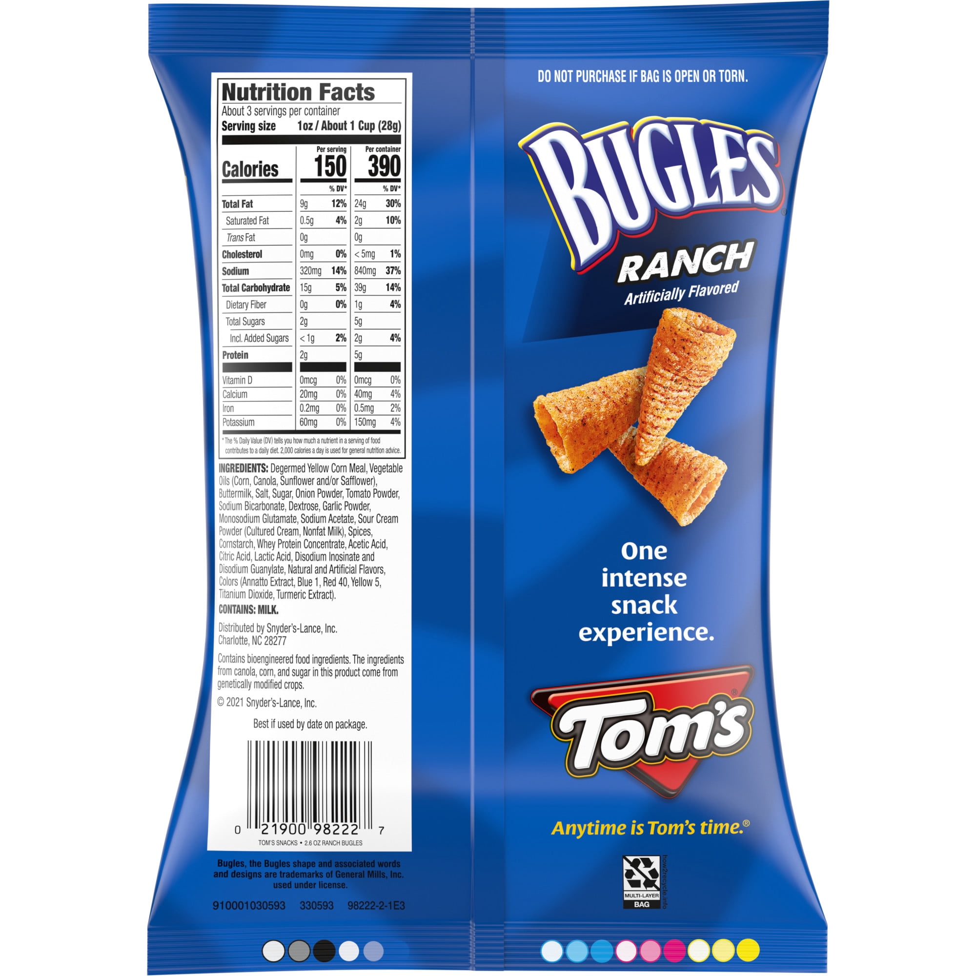 Tom's Bugles, Ranch Flavored, 2.6 oz Bag
