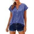 thumbnail image 6 of Oksale Plaid Shirts Women Loose Cozy Linen Cotton Summer Tops Trendy Button Down Short Sleeve Blouses 2026 Blue S, 6 of 9