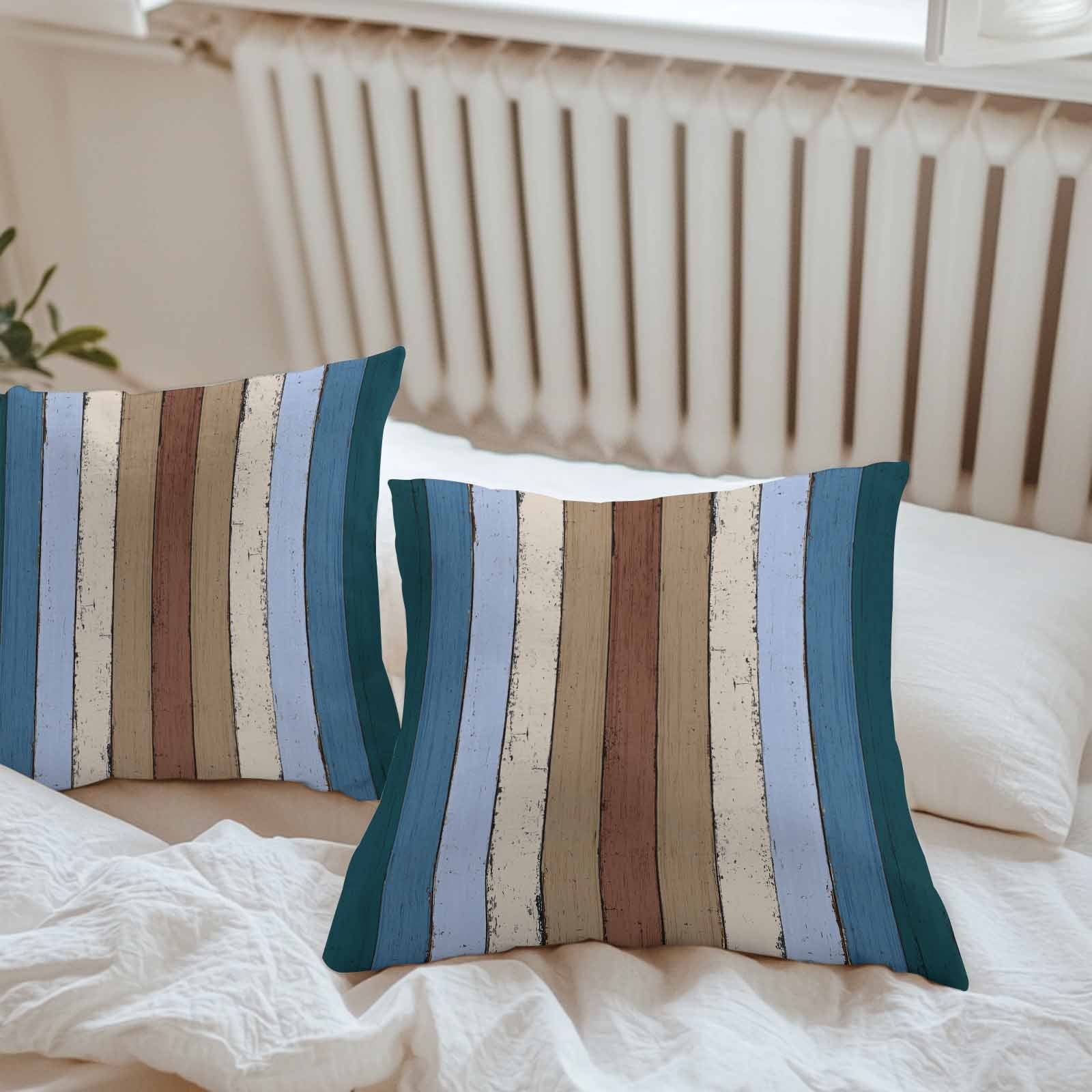 Outdoor Waterproof Throw Pillow Covers Set of 2 Blue Brown Wood Grain Decorative Pillowcases Outdoor Pillows Cushion Case 16x16 Inch Rustic Wooden Plank Patio Pillows for Couch Sofa Bed Garden