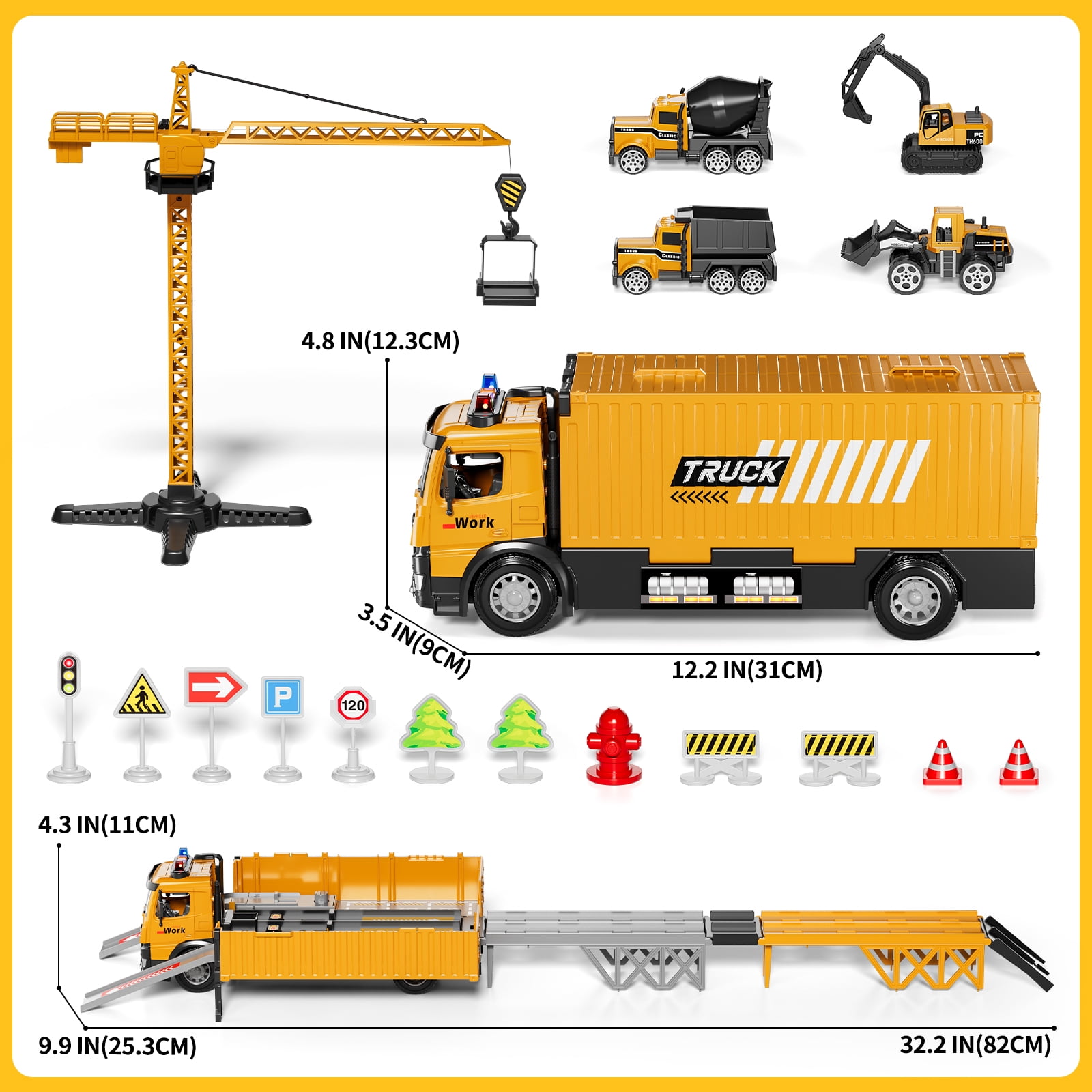 Lucky Doug Construction Truck Toy for Boys Age 3-6, Truck Set Include Launcher, Crane, Race Track, 4 Construction Vehicles - Dump truck, Cement Truck, Bulldozer, Excavator Toys for Kid 3- 6  Boy Gift