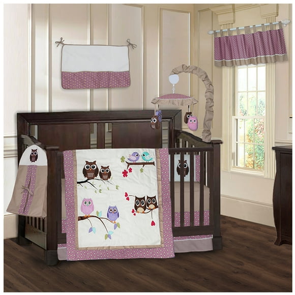 BabyFad Ensemble de Literie de Bassinette pour Bébé Fille 9 Pcs avec Mobile Musical – Hiboux et Oiseaux, Broderie de Qualité Supérieure, 100 % Coton, Déco de Chambre de Bébé