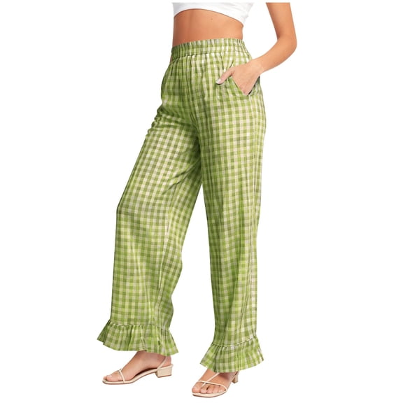 dazeni Women's Gingham Pants Y2K Wide Leg Ruffle Hem Palazzo Pants Plaid Elastic Wasited Trouser with Pockets Green Small