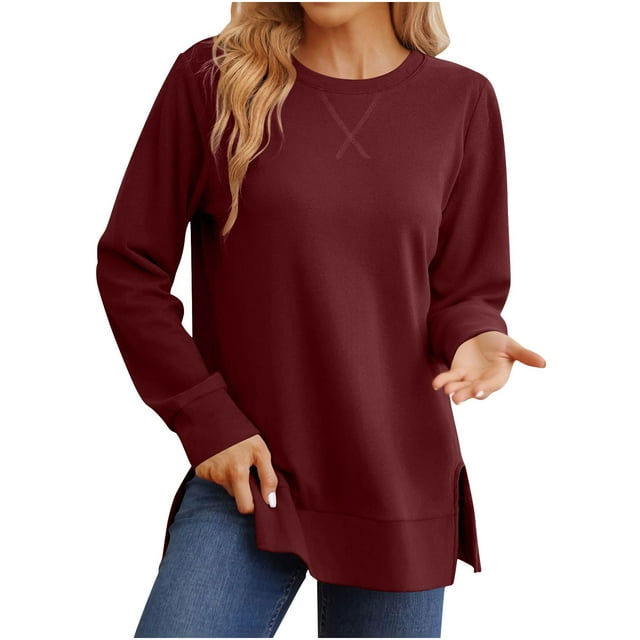 BLVB Long Sleeve Shirts for Women Crewneck Side Slit Fall Fashion Tops Solid Color Casual Loose Workout Pullover